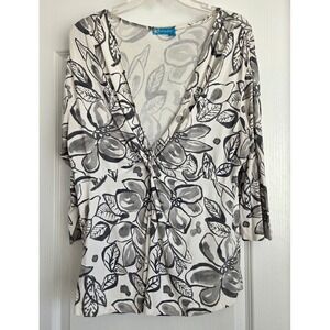 Fresh Produce Floral Print Twisted V Neck 3/4 Sleeve Top Vintage Made USA Sz L